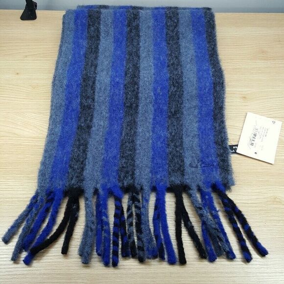 PAUL SMITH Mens Scarf Blue Stripe Cozzy Fuzzy Knit Fringe Hem Logo 11x70 $125 - Picture 1 of 7